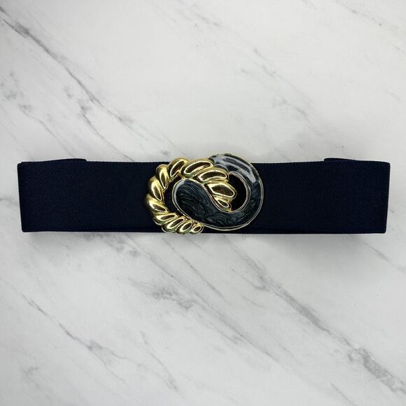 Vintage Navy Blue Stretch Cinch Belt Gold Tone Marbled Buckle Small Medium ✨ - Picture 1 of 13
